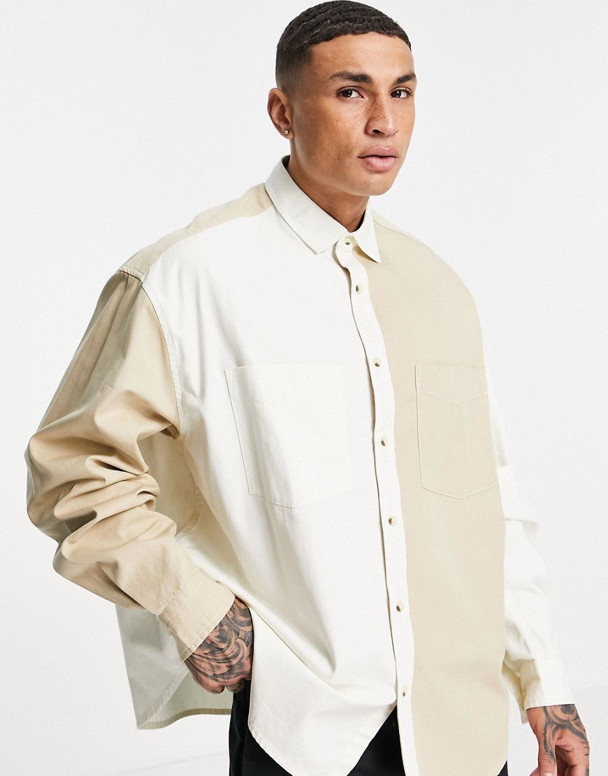 ASOS DESIGN extreme oversized patchwork shirt in neutral