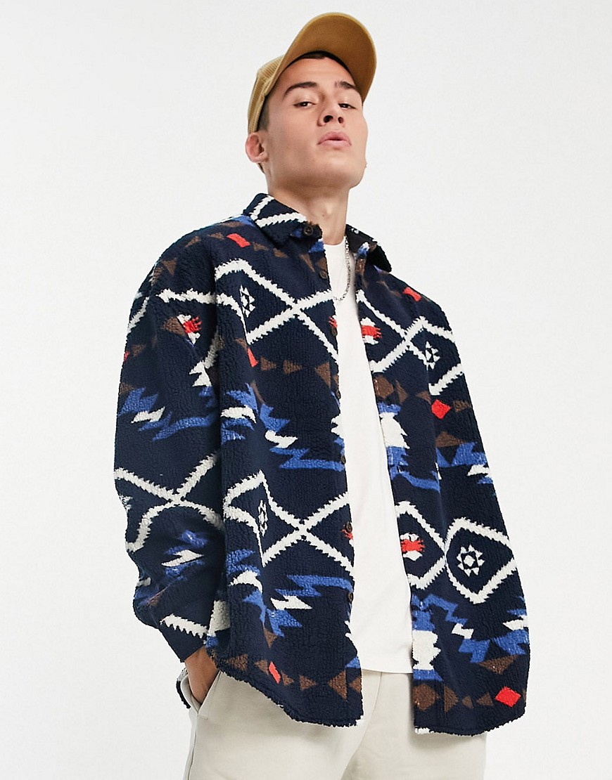 ASOS DESIGN extreme oversized pattern shirt in sherpa-Navy