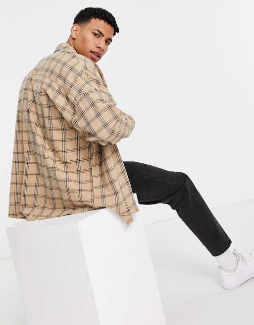 ASOS DESIGN extreme oversized plaid shirt in beige grid