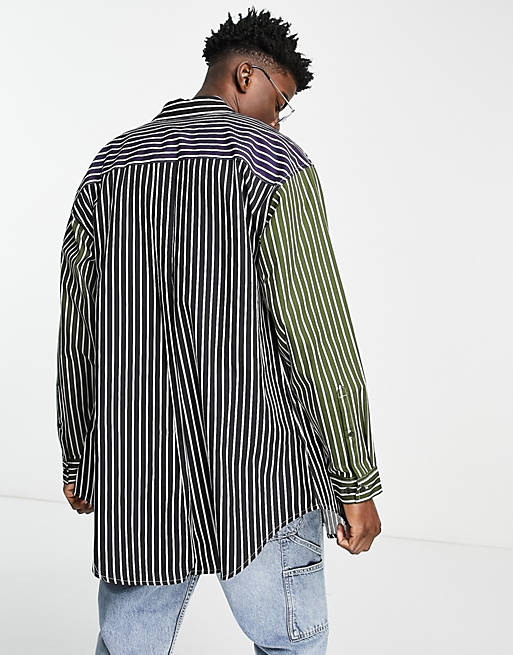 Men extreme oversized poplin stripe shirt in retro colour blocking 