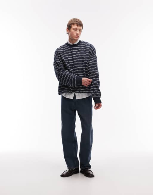 ASOS DESIGN extreme oversized printed striped sweatshirt in navy, 2 of 5