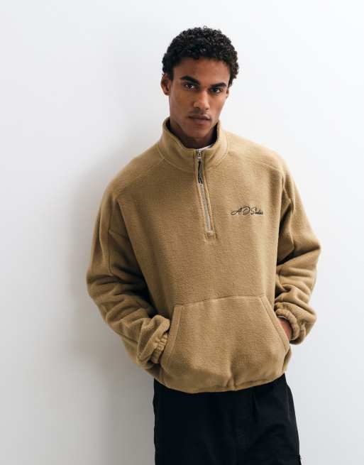 ASOS DESIGN extreme oversized quarter zip fleece with embroidery in brown, 2 of 5