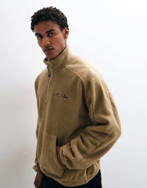ASOS DESIGN extreme oversized quarter zip fleece with embroidery in brown, 5 of 5