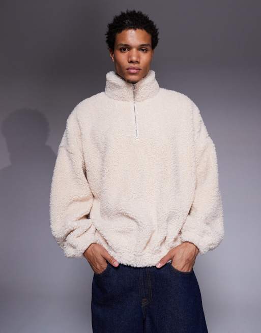 ASOS DESIGN extreme oversized quarter-zip funnel neck borg sweatshirt in tan