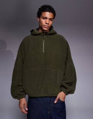 Asos Design Extreme Oversized Quarter Zip Funnel Neck Fleece Hoodie In Green