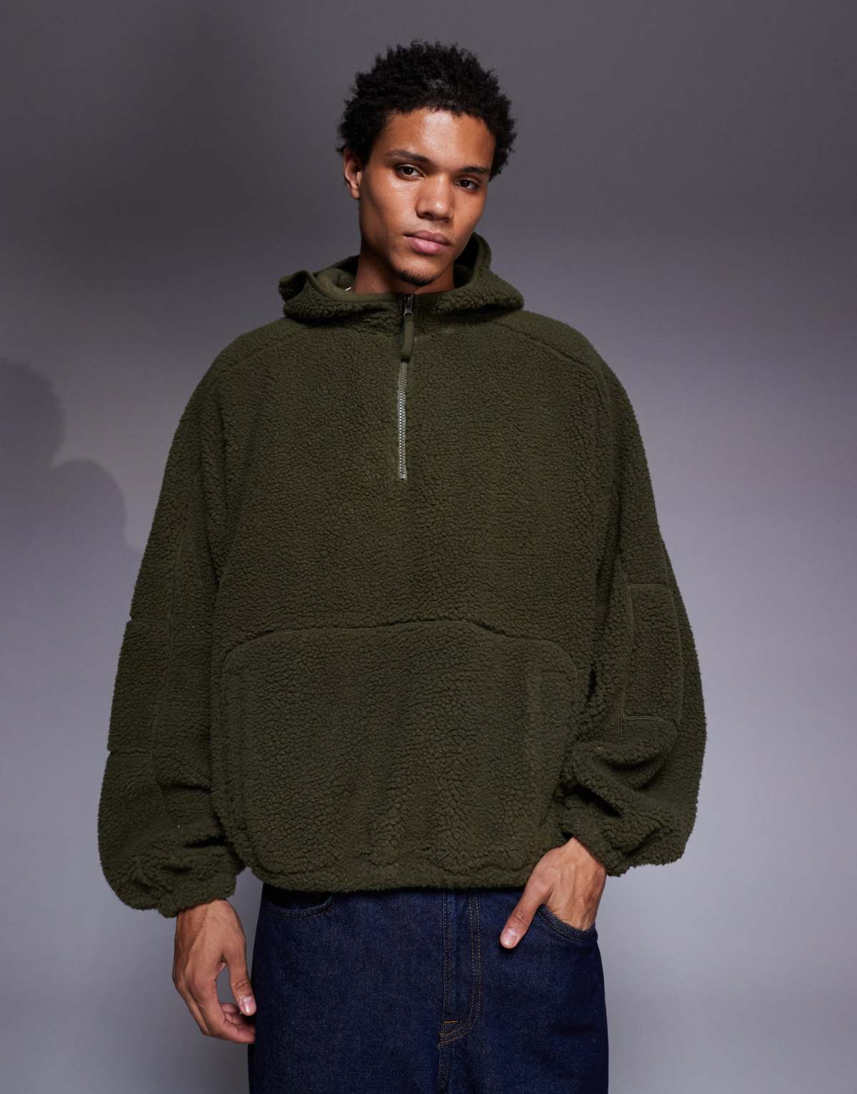 ASOS DESIGN extreme oversized quarter zip funnel neck fleece hoodie in dark green