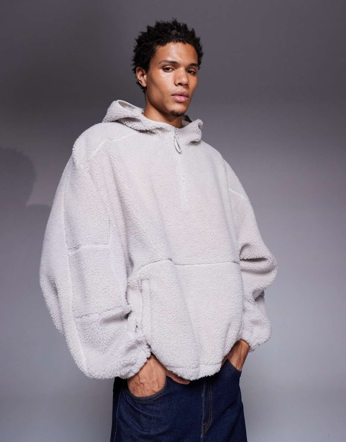 ASOS DESIGN extreme oversized quarter zip funnel neck fleece hoodie in grey