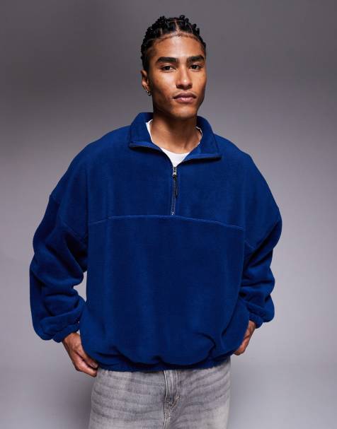 ASOS DESIGN extreme oversized quarter zip funnel neck fleece sweatshirt in blue - view 1