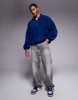 Asos Design Extreme Oversized Quarter Zip Funnel Neck Fleece Sweatshirt In Blue