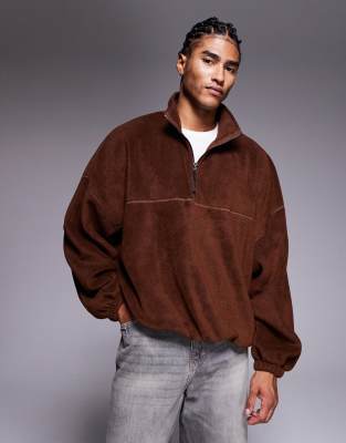 Asos Design Extreme Oversized Quarter Zip Funnel Neck Fleece Sweatshirt In Brown