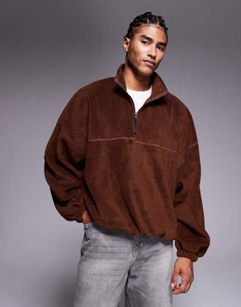 ASOS DESIGN extreme oversized quarter zip funnel neck fleece sweatshirt in brown - view 1