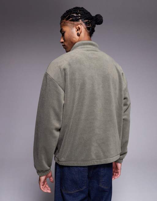 ASOS DESIGN extreme oversized quarter zip funnel neck fleece sweatshirt in smokey olive, 3 of 5
