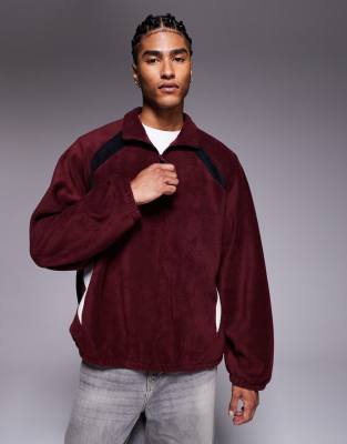 Asos Design Extreme Oversized Quarter Zip Funnel Neck Fleece Sweatshirt With Raglan Sleeve In Burgundy
