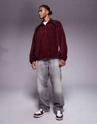 Asos Design Extreme Oversized Quarter Zip Funnel Neck Fleece Sweatshirt With Raglan Sleeve In Burgundy