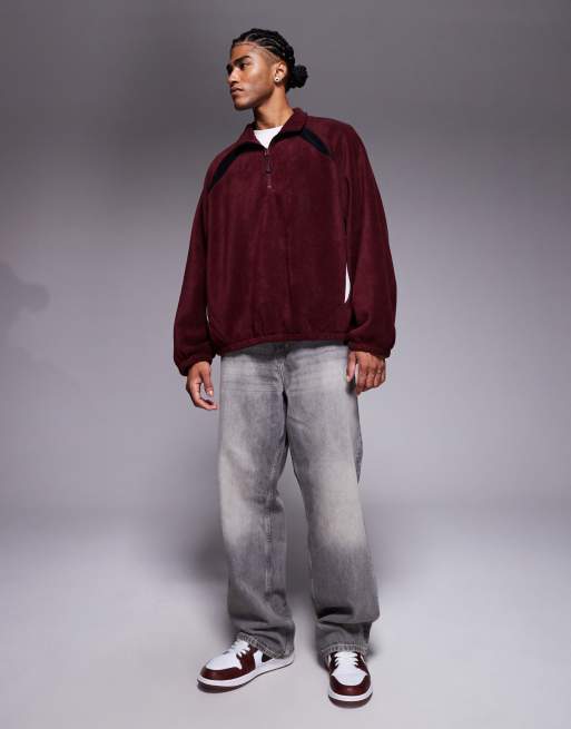 ASOS DESIGN extreme oversized quarter zip funnel neck fleece sweatshirt with raglan sleeve in burgundy, 2 of 5