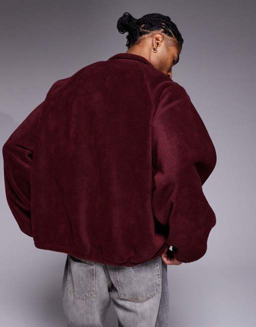 ASOS DESIGN extreme oversized quarter zip funnel neck fleece sweatshirt with raglan sleeve in burgundy, 3 of 5