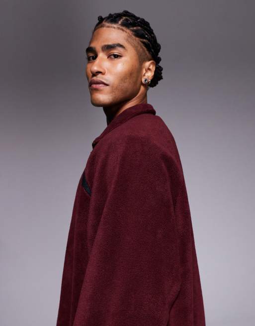 ASOS DESIGN extreme oversized quarter zip funnel neck fleece sweatshirt with raglan sleeve in burgundy, 4 of 5