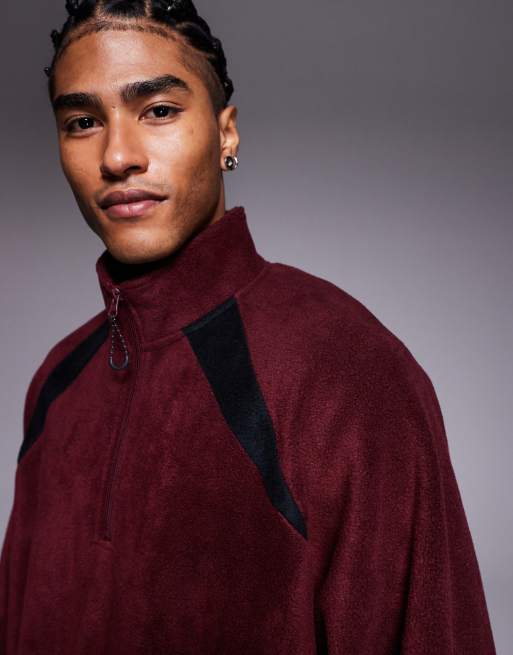 ASOS DESIGN extreme oversized quarter zip funnel neck fleece sweatshirt with raglan sleeve in burgundy, 5 of 5