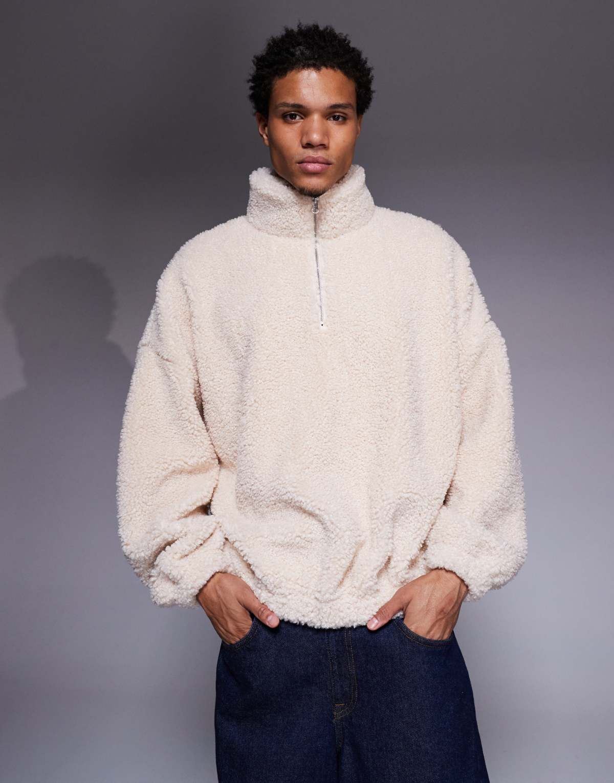 ASOS DESIGN extreme oversized quarter zip funnel neck fur sweatshirt in tan