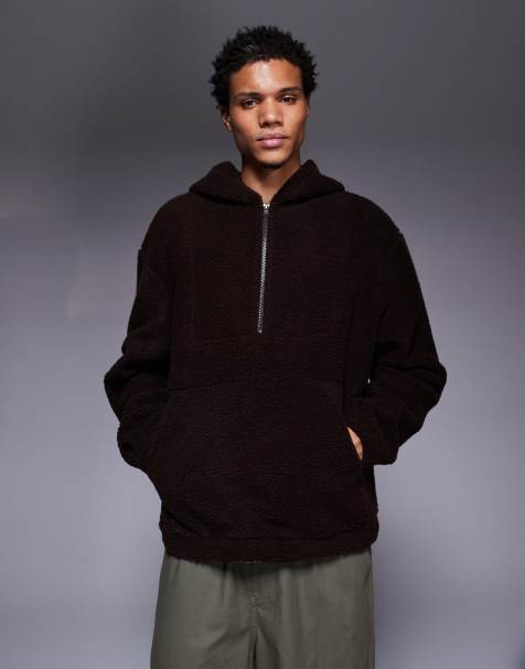 ASOS DESIGN extreme oversized quarter zip funnel neck hoodie in fleece brown - view 1
