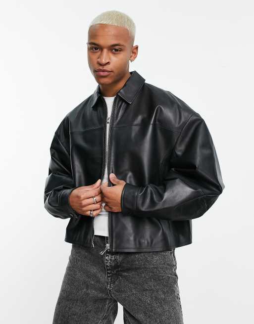 Chaqueta Harrington corta negra de cuero auténtico de ASOS DESIGN