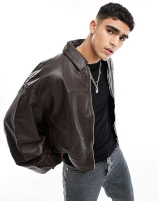 Asos Design Distressed Real Leather Harrington Jacket In Brown-black