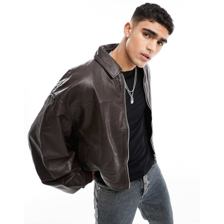 ASOS DESIGN extreme oversized real leather harrington jacket in