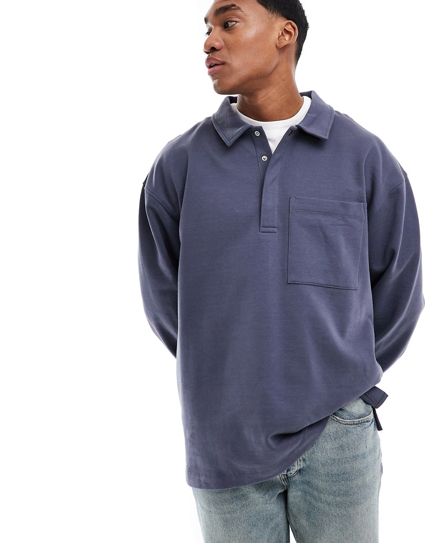 Asos Design Extreme Oversized Rugby Polo In Blue-gray