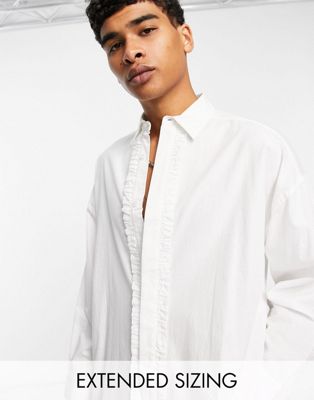 ASOS DESIGN extreme oversized shirt with ruffle front in white