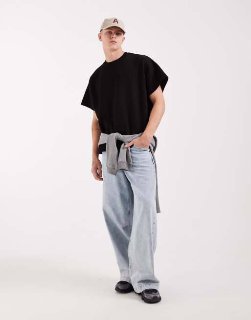 ASOS DESIGN extreme oversized short sleeve sweatshirt with raw edge in black, 2 of 5