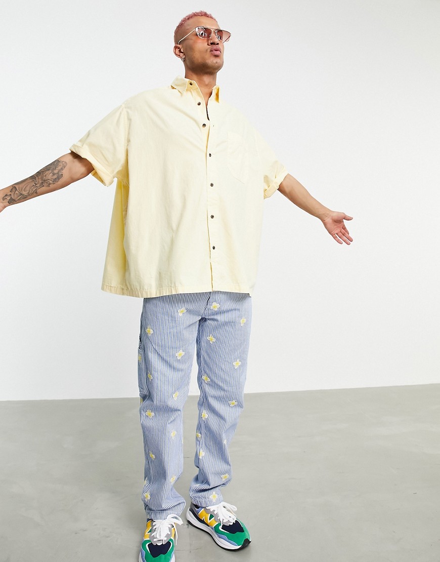 ASOS DESIGN extreme oversized short sleeve washed poplin shirt in lemon-Yellow