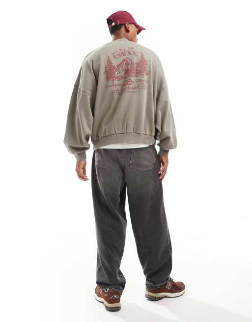 ASOS DESIGN extreme oversized sweatshirt with front and back mountain puff print in washed grey, 4 of 4