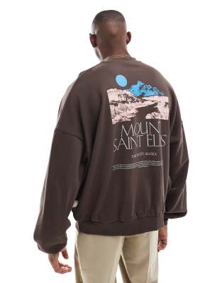 Asos Design Extreme Oversized Sweatshirt With Mountain Print In Brown