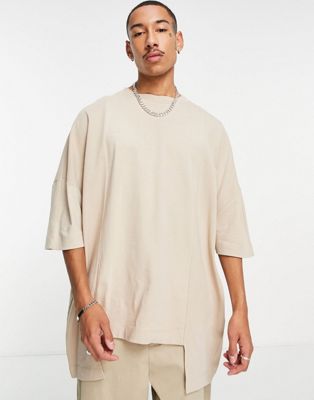 ASOS DESIGN extreme oversized t-shirt with stepped hem in beige