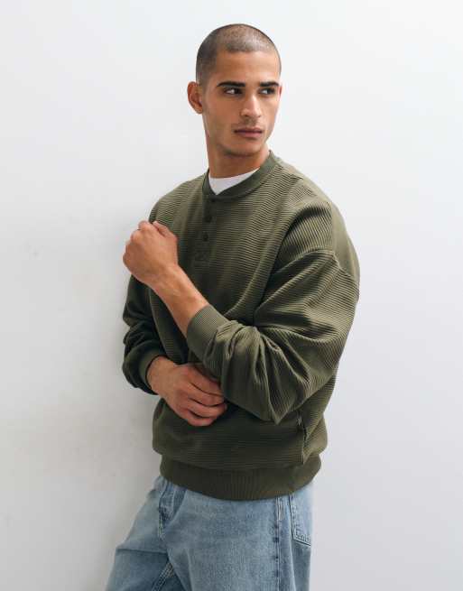 ASOS DESIGN extreme oversized textured henley in khaki, 2 of 5
