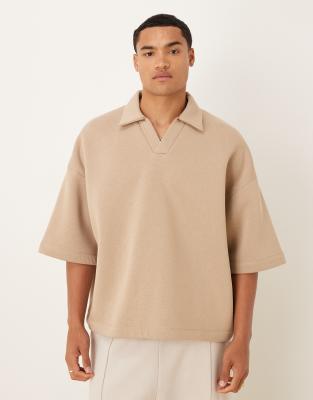 ASOS DESIGN extreme oversized three quarter sleeve polo in beige - view 1