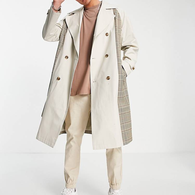 Asos Men Clothing Coats Trench Coats Extreme oversized trench coat in stone with contrast checked panels 