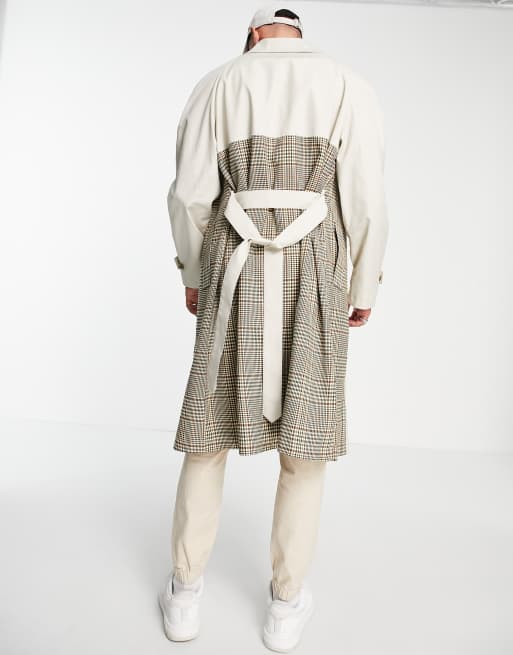 ASOS DESIGN extreme oversized trench coat in stone with contrast checked panels, 2 of 4