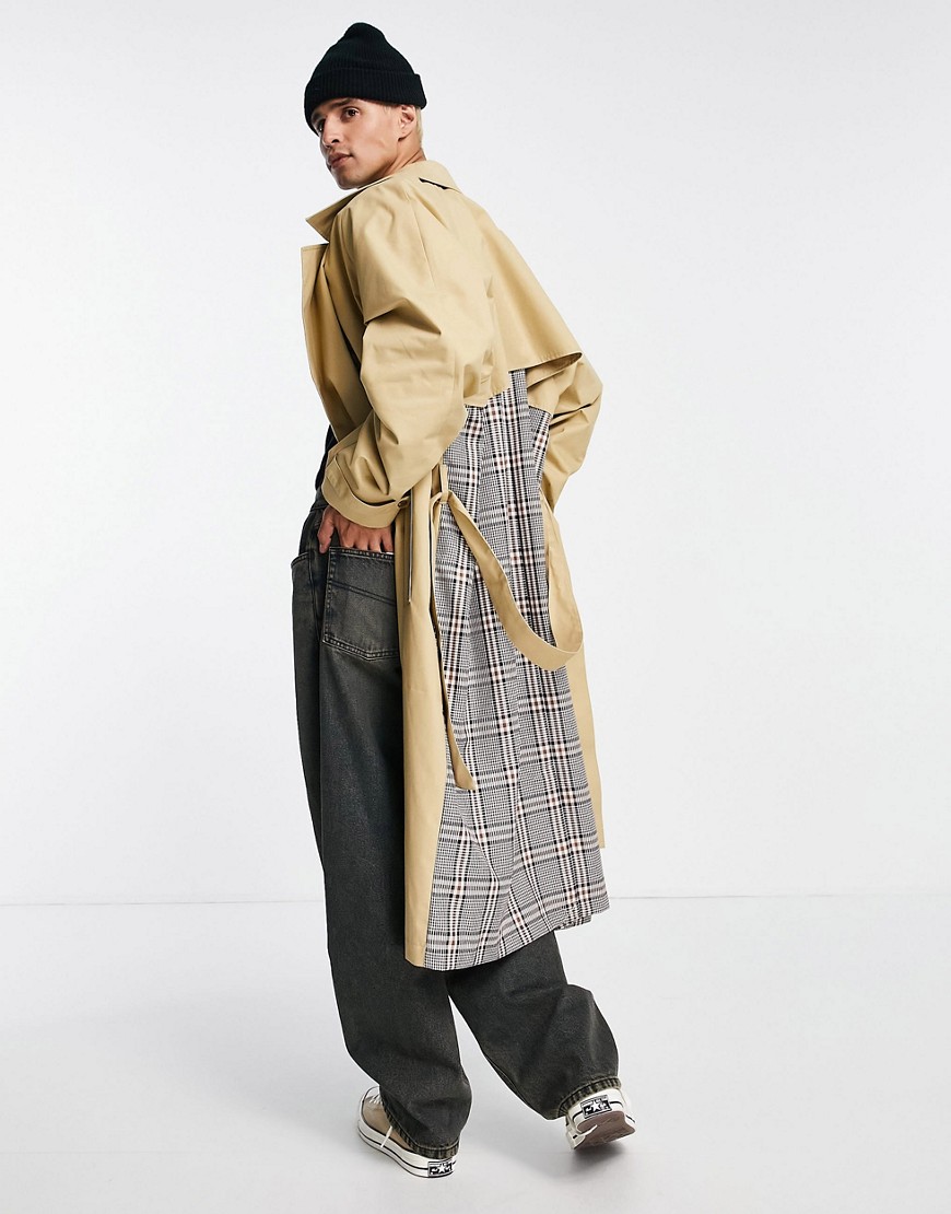 ASOS DESIGN extreme oversized trench coat with check back panel-Neutral
