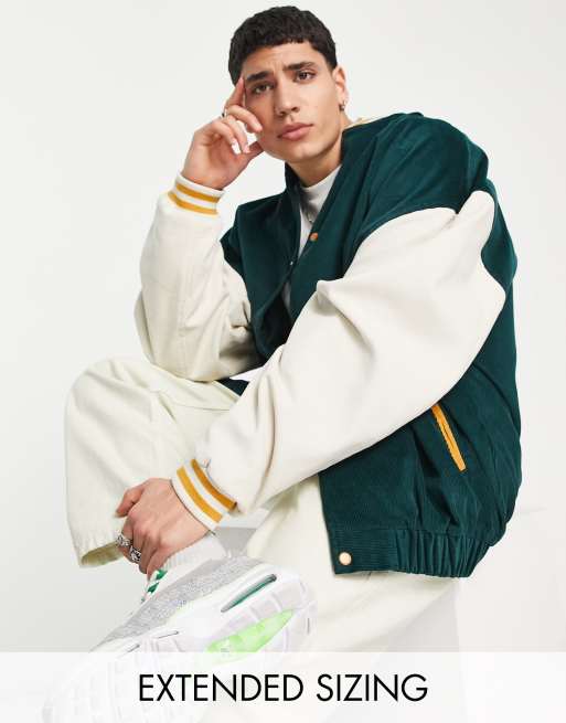 ASOS DESIGN extreme oversized varsity cord bomber jacket in green