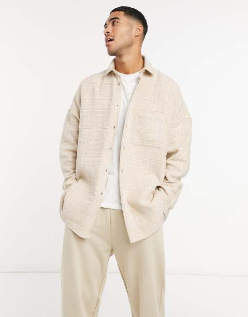 ASOS DESIGN extreme oversized wool mix check shacket in tonal beige with snap buttons