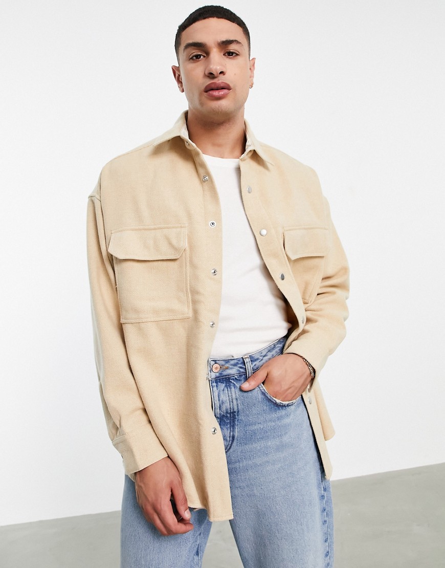 ASOS DESIGN extreme oversized wool mix shirt in light stone-Neutral