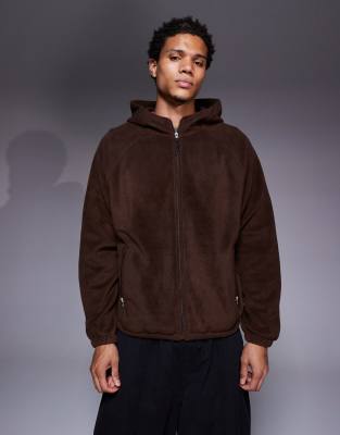 Asos Design Extreme Oversized Zip Up Funnel Neck Fleece Hoodie In Brown