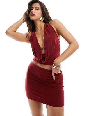 Asos Design Extreme Plunge Cowl Neck Halter Top In Burgundy - Part Of A Set-red