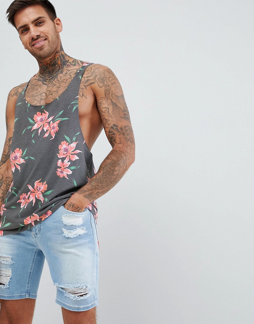 ASOS DESIGN extreme racer back tank with all over floral print-Black