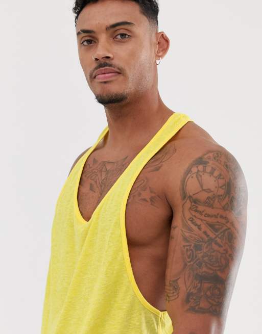 ASOS DESIGN extreme racer back vest in linen mix in yellow, 3 of 4
