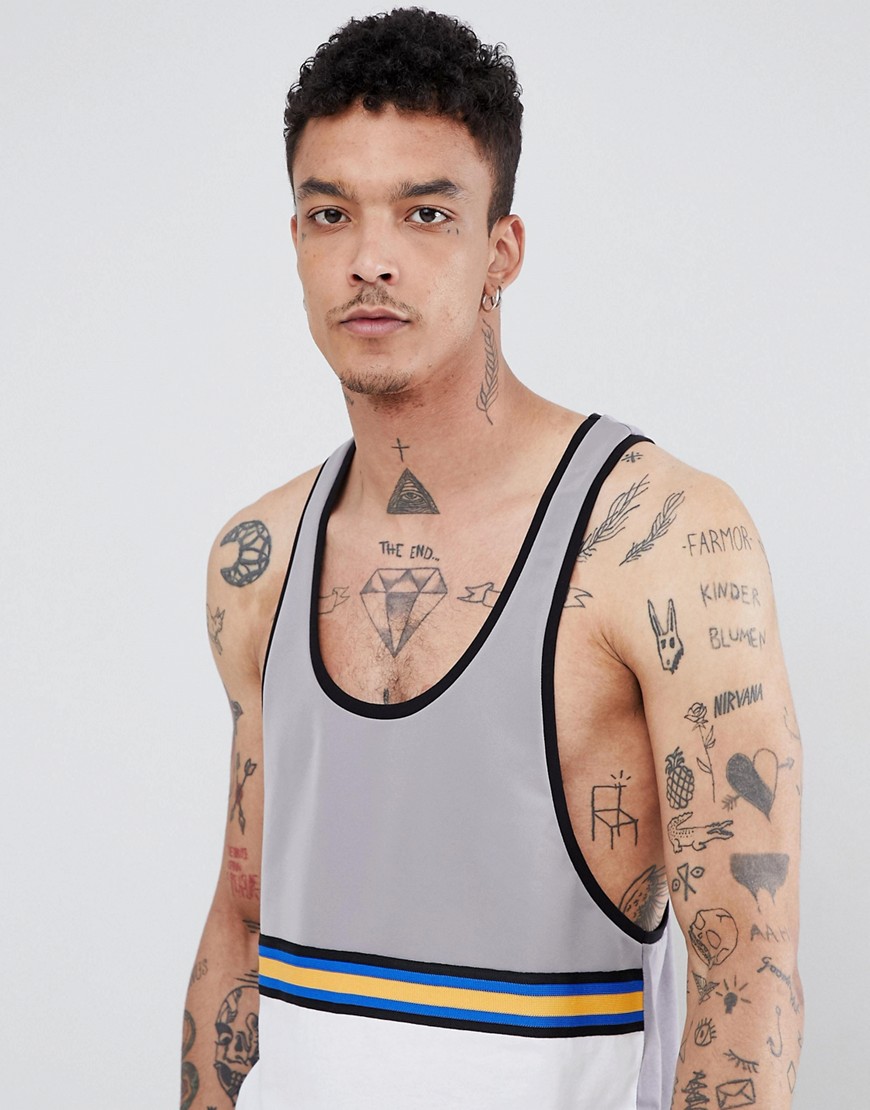 ASOS DESIGN extreme racer back vest in polytricot with contrast yolk and taping in grey