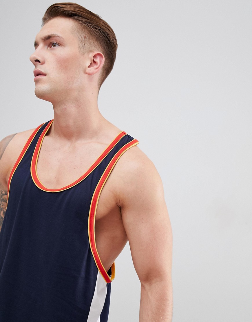 ASOS DESIGN extreme racer back vest with contrast side panel and binding in navy