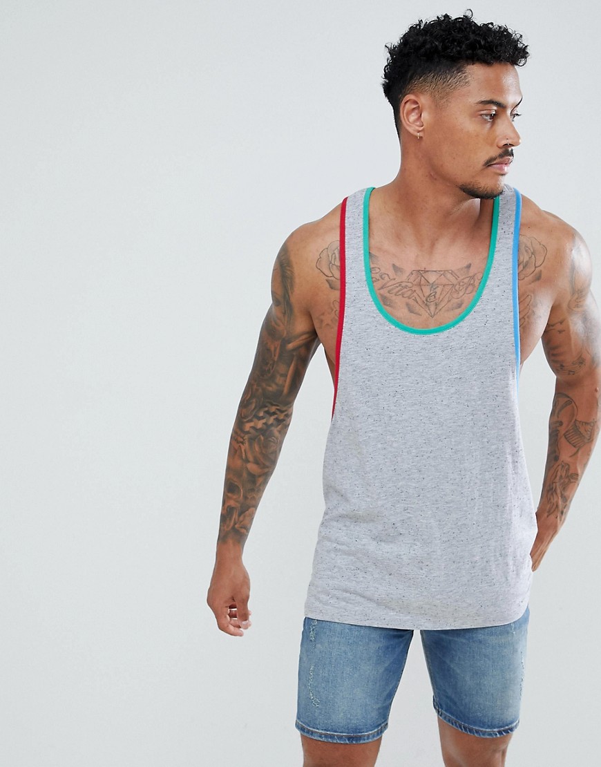 ASOS DESIGN extreme racer back vest with primary colour binding in intrest nepp fabric-Grey
