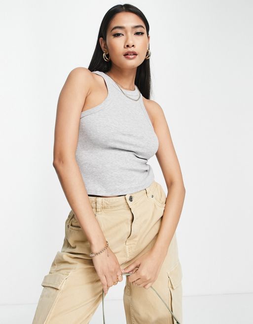 ASOS DESIGN ribbed racer crop top with seam detail in heather gray